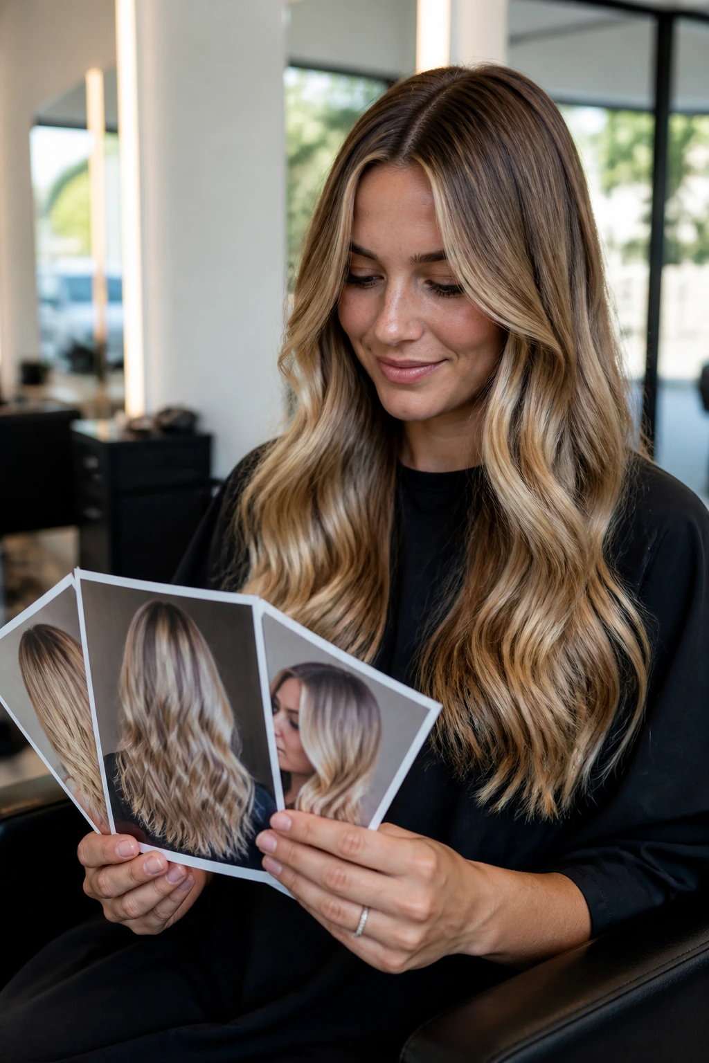 Client in salon chair holding reference photos for color