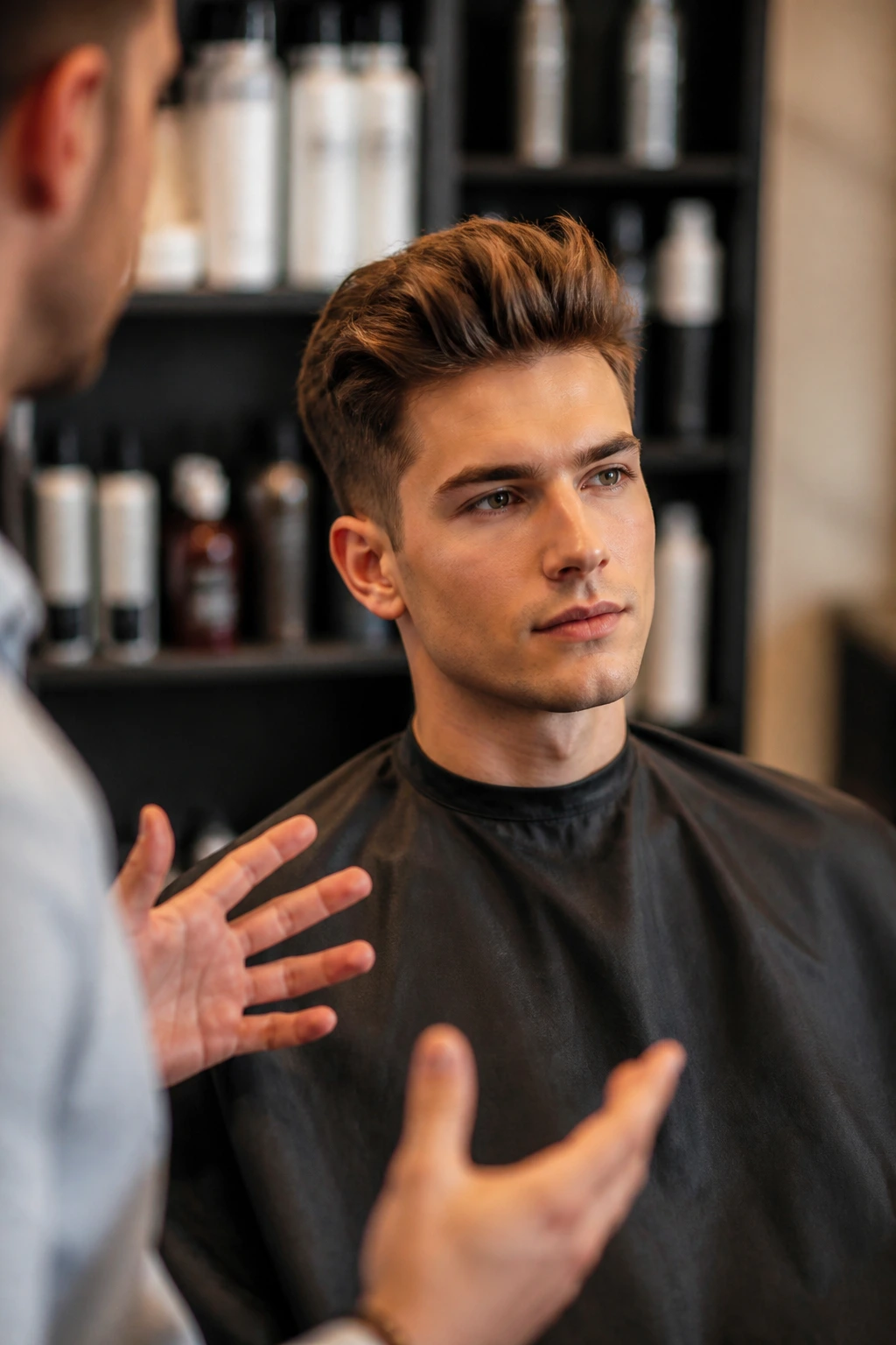 Salon chair consultation with client and product shelf in background