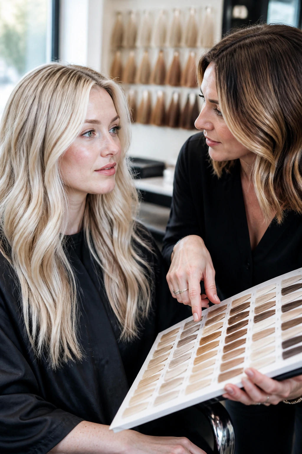 Salon consultation with client and stylist discussing champagne blonde color ideas