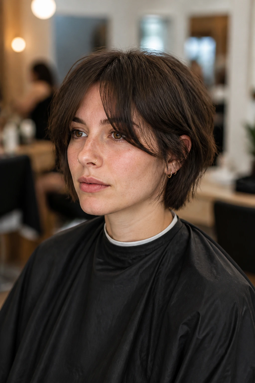 Portrait of a real person in a salon chair thinking about haircut details