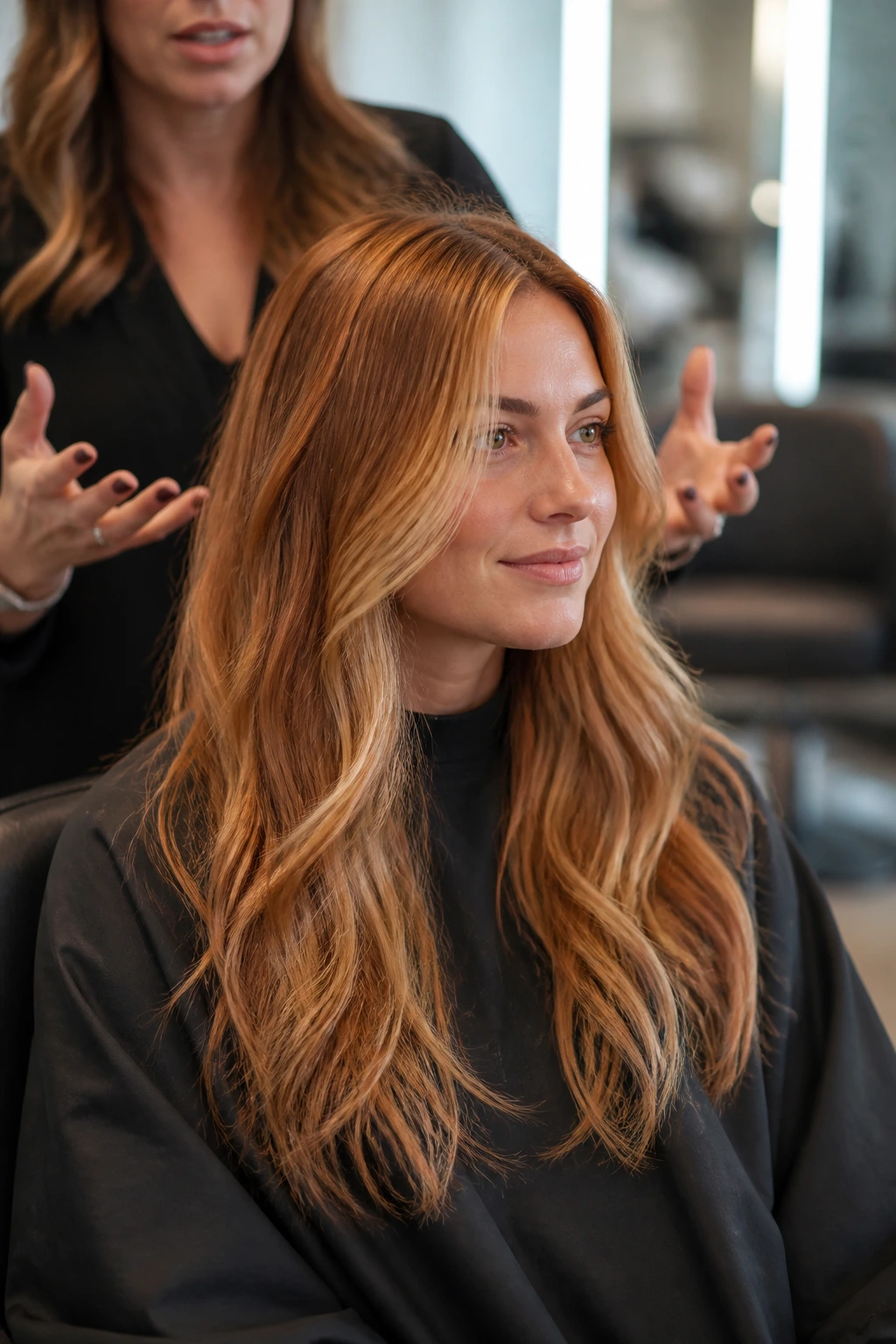 Real person in a salon chair during color consultation about auburn-blonde shades