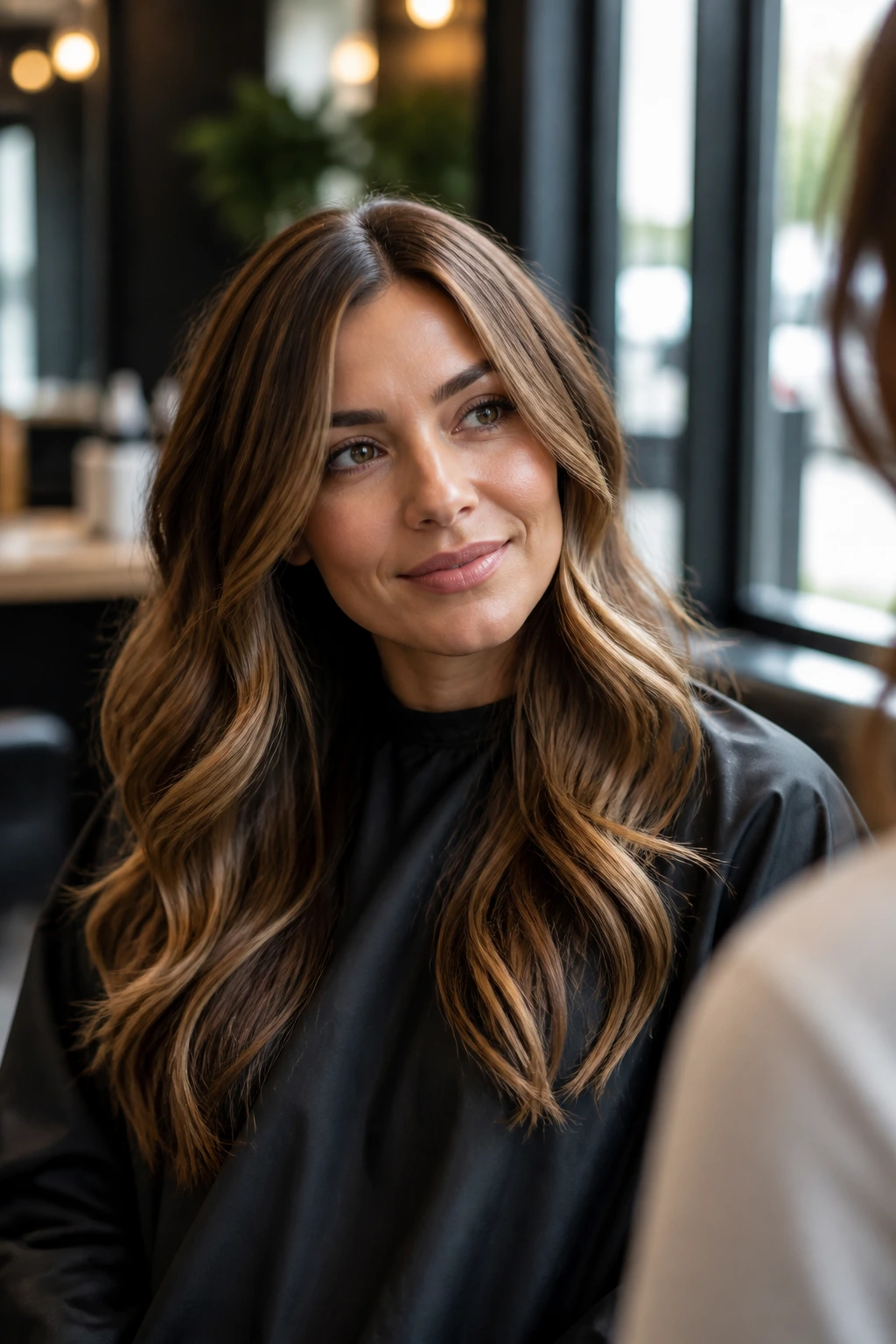 Portrait of a real person in a salon chair discussing caramel shade