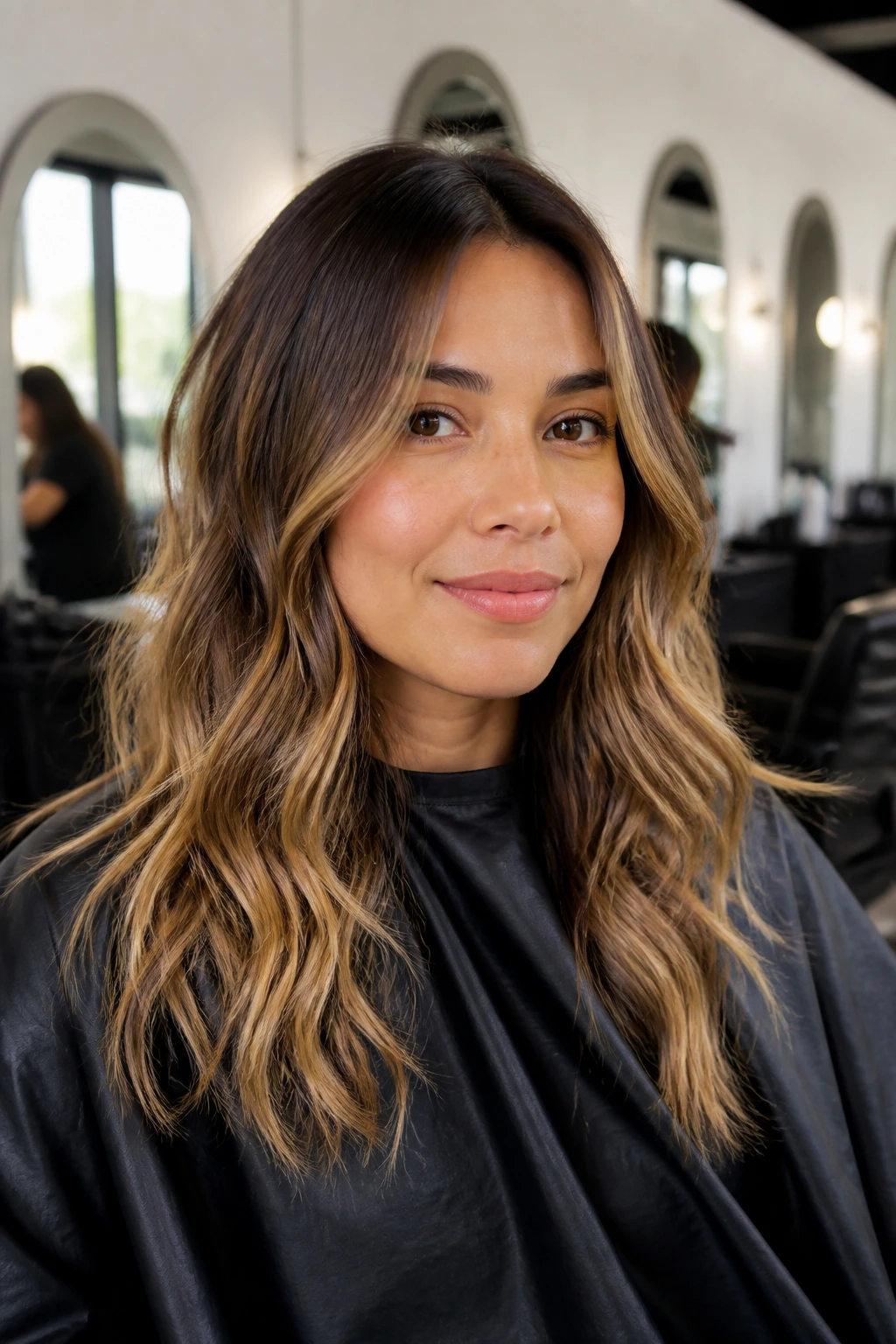 Portrait of a client in a salon chair with caramel balayage