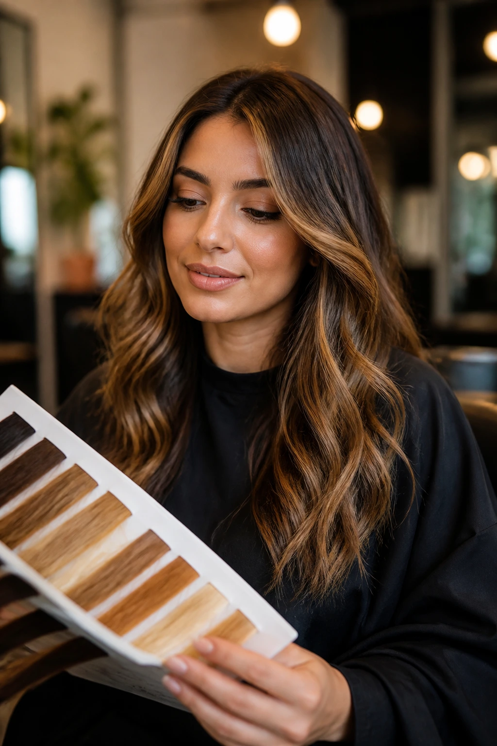 Person in a salon chair examining color swatches under warm lighting.