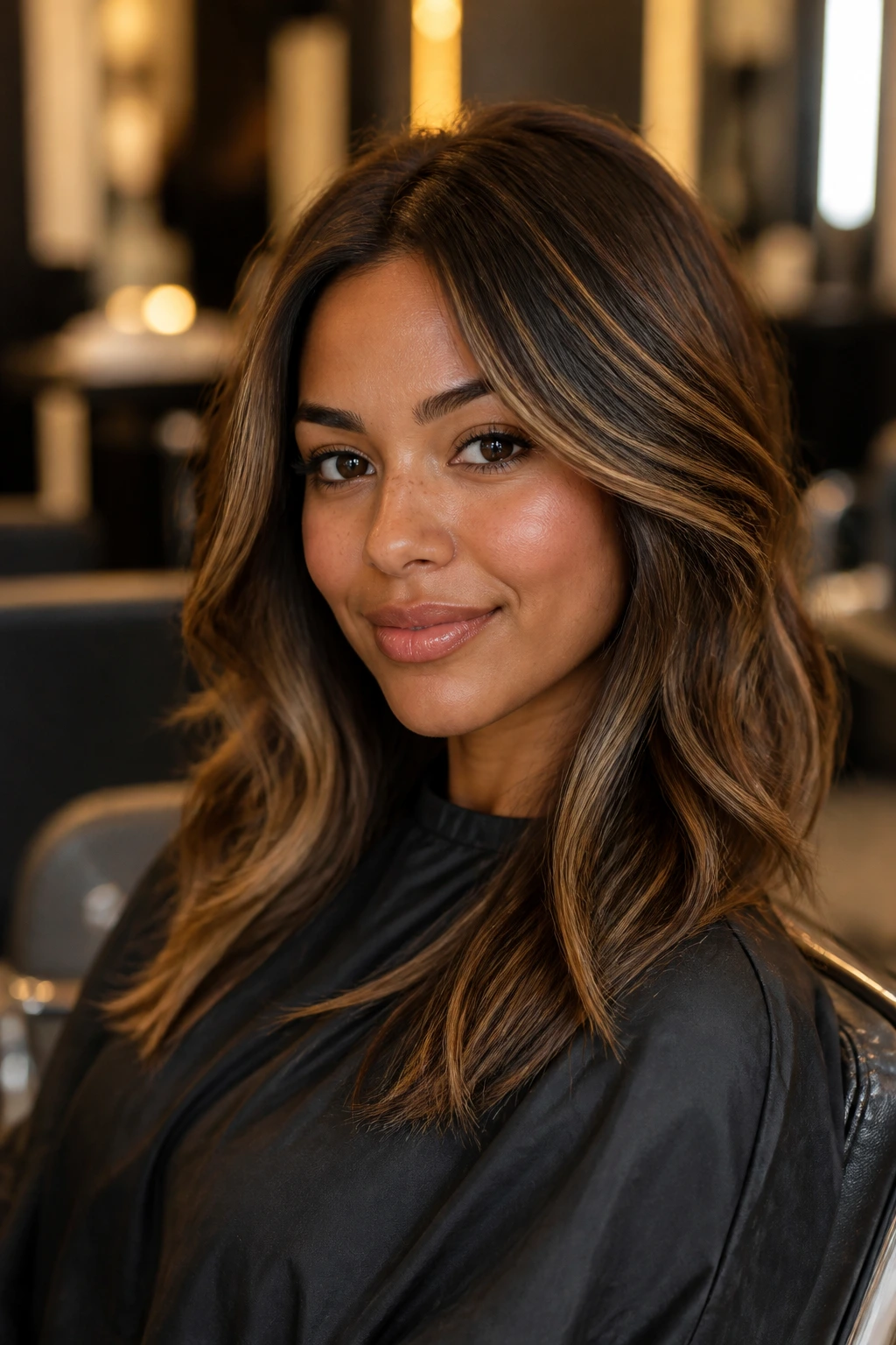 Close-up of a real client in a salon chair with honey and caramel highlights on dark brown hair