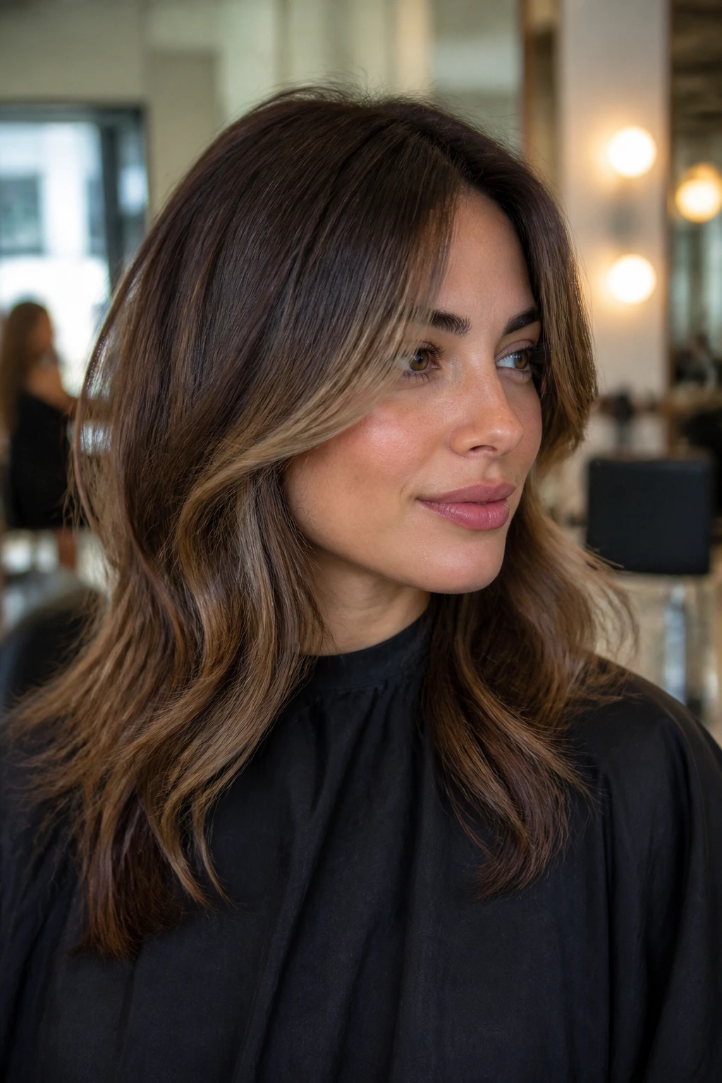 Brunette in a salon chair with lighter front pieces illustrating color notes.