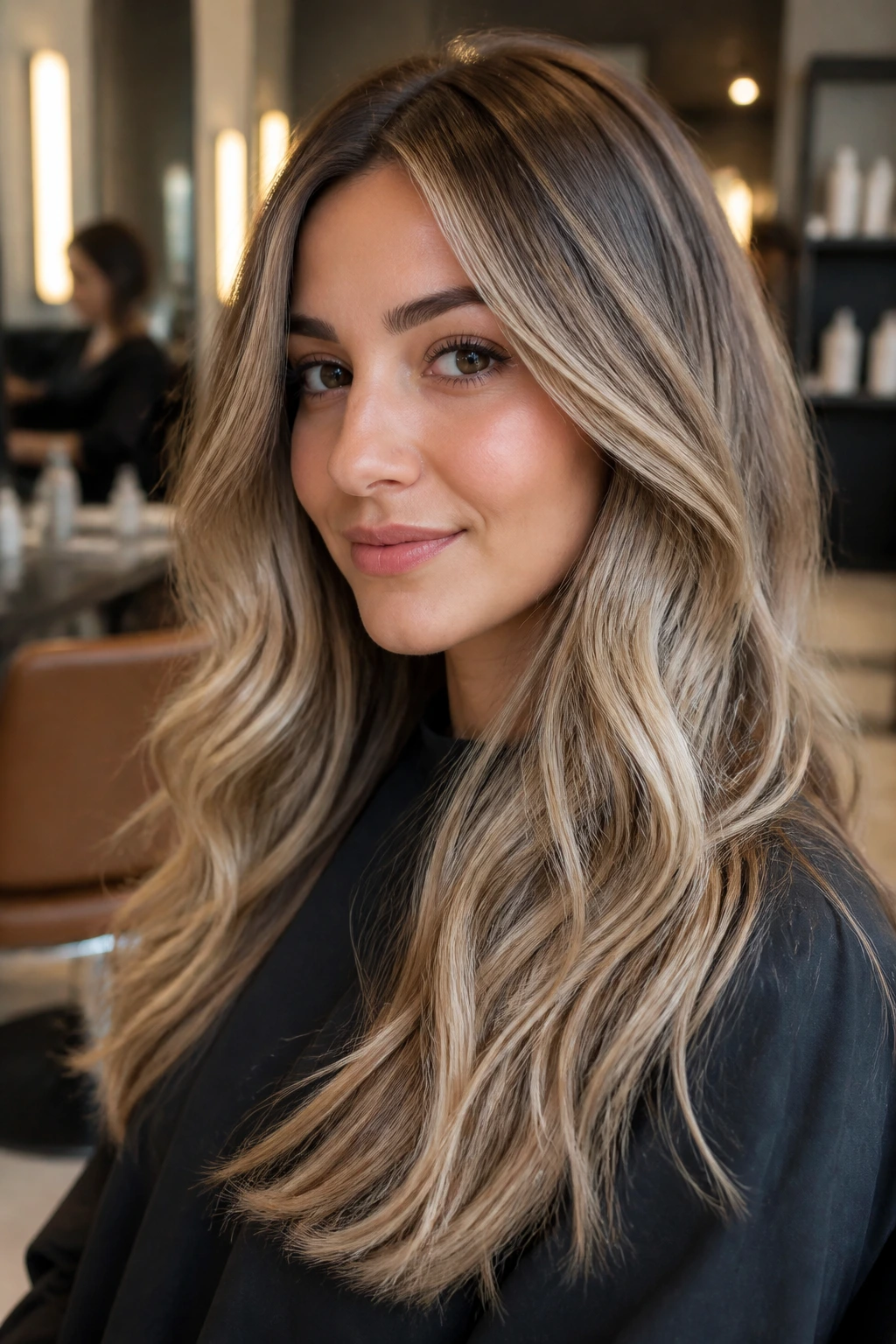 Portrait of a woman in a salon chair showing beige champagne balayage