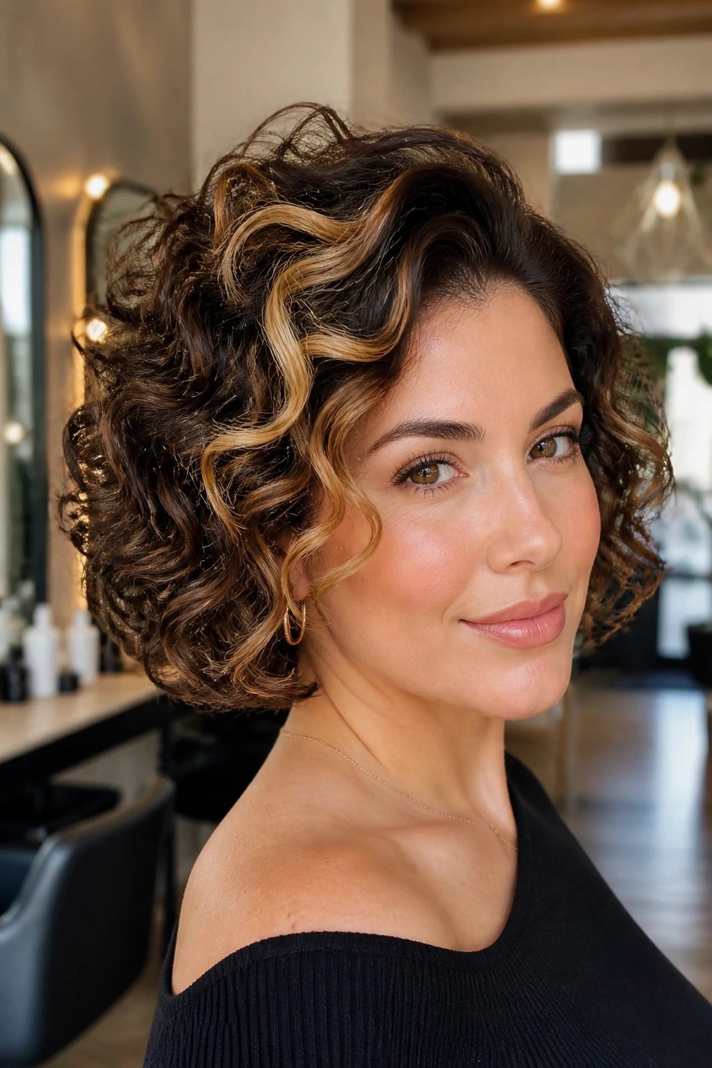 Real woman with curly bob and ribbon-like money piece highlights in a salon