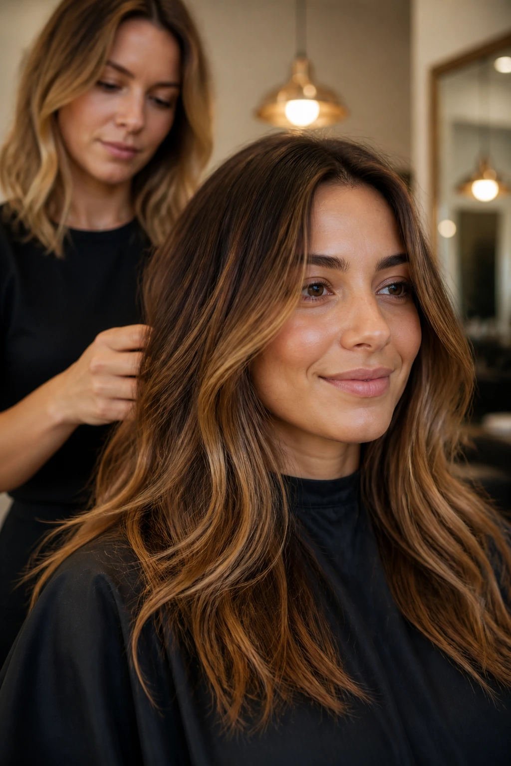 Client in a salon chair discussing color with a colorist