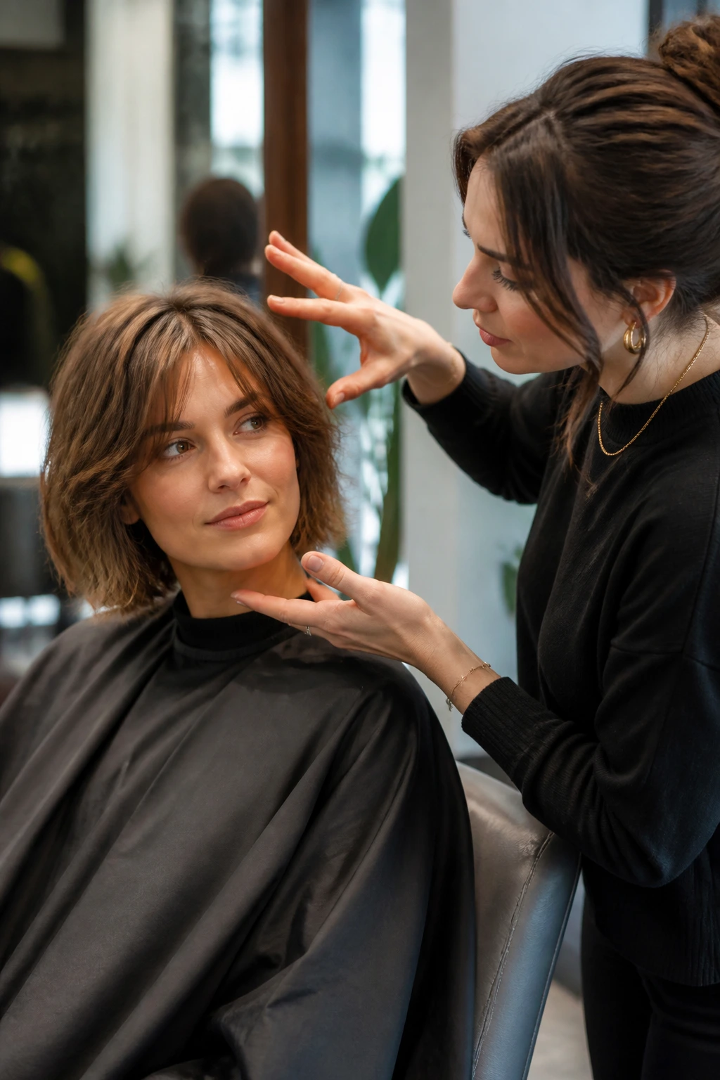 Client in salon chair discussing haircut with stylist