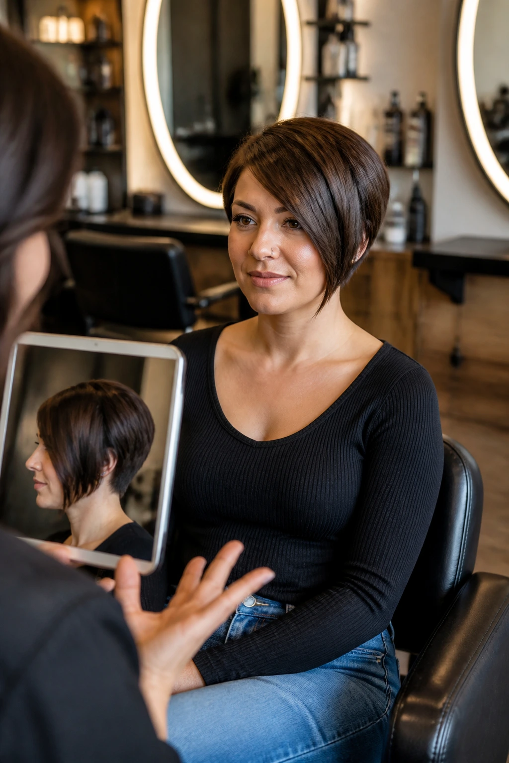 Client in a salon chair during consultation, showing a short angled haircut.