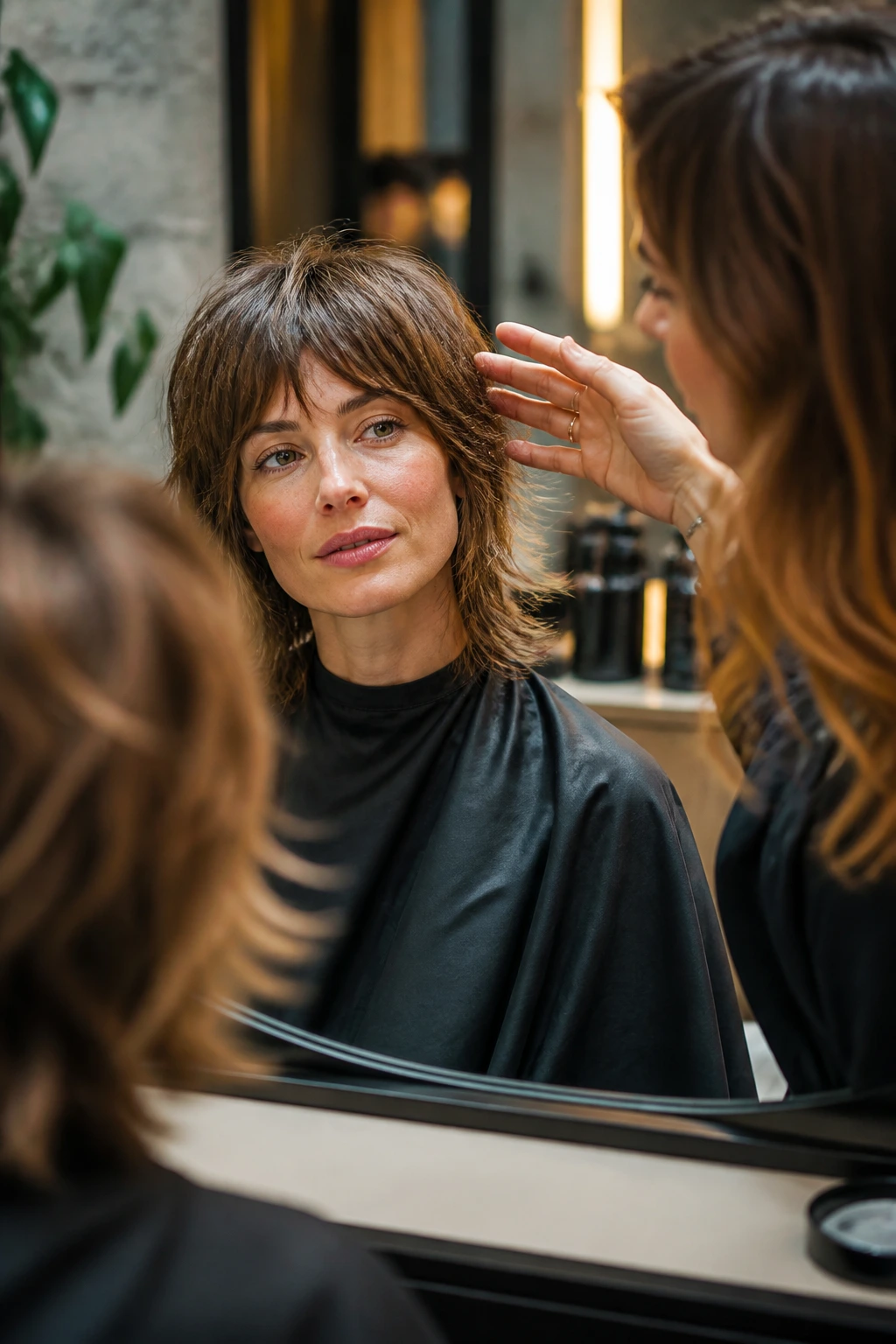 Close-up of a real person in a salon consultation about bangs, mirror visible, warm lighting.