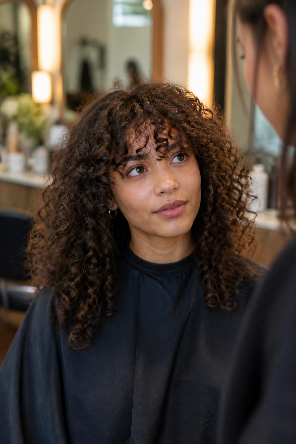 Real person in a salon chair discussing bangs in a warm, softly lit salon