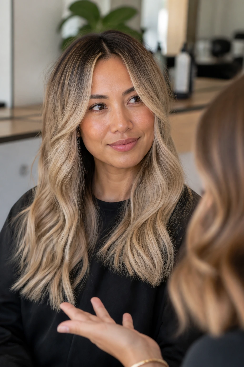 Client in salon chair discussing a soft blonde look with a stylist.