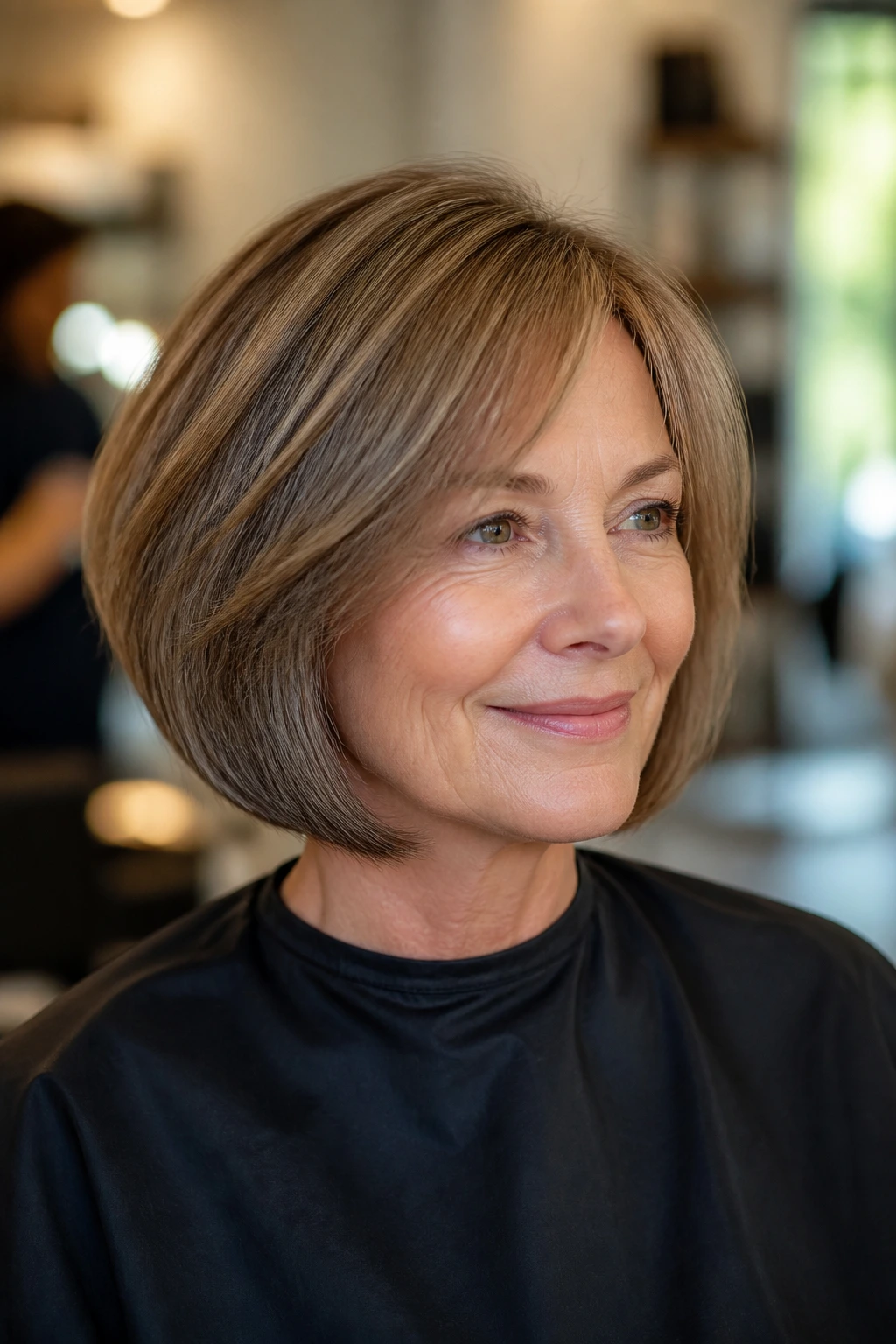 Portrait of a woman in a salon chair discussing a fine bob with soft window light
