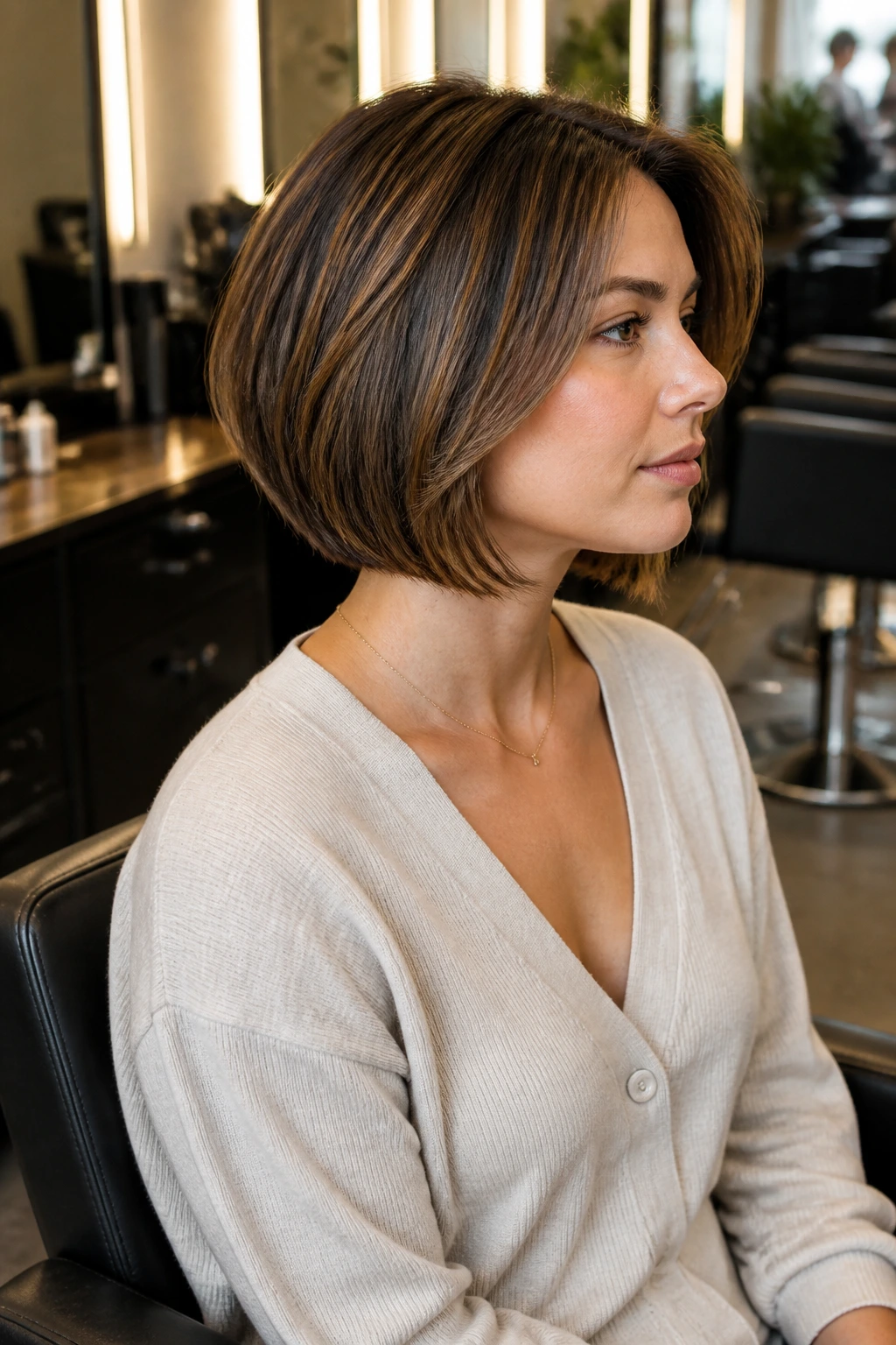 Portrait of a woman in a salon chair ready to discuss a bob cut