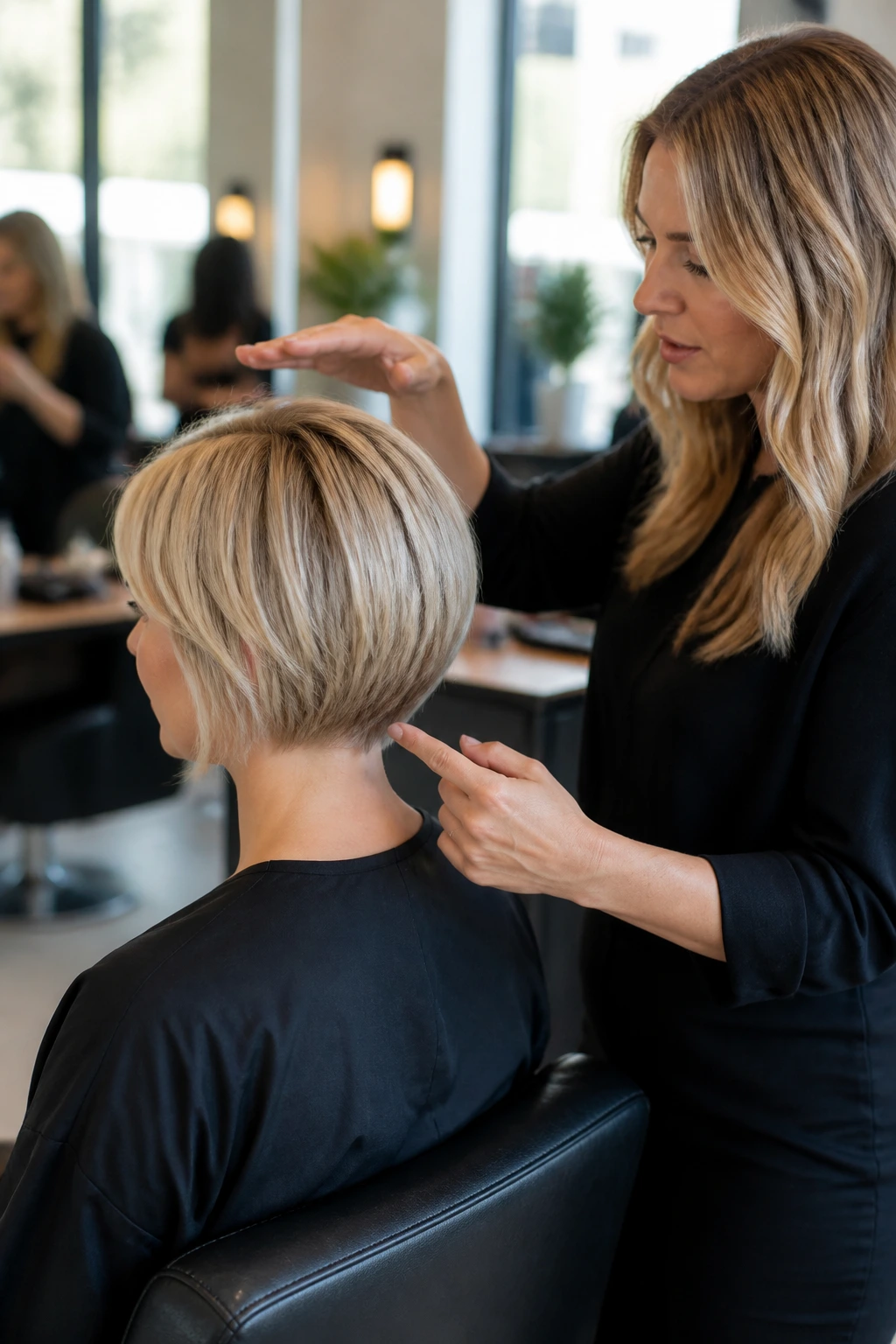 Client in a salon chair discussing haircut with stylist