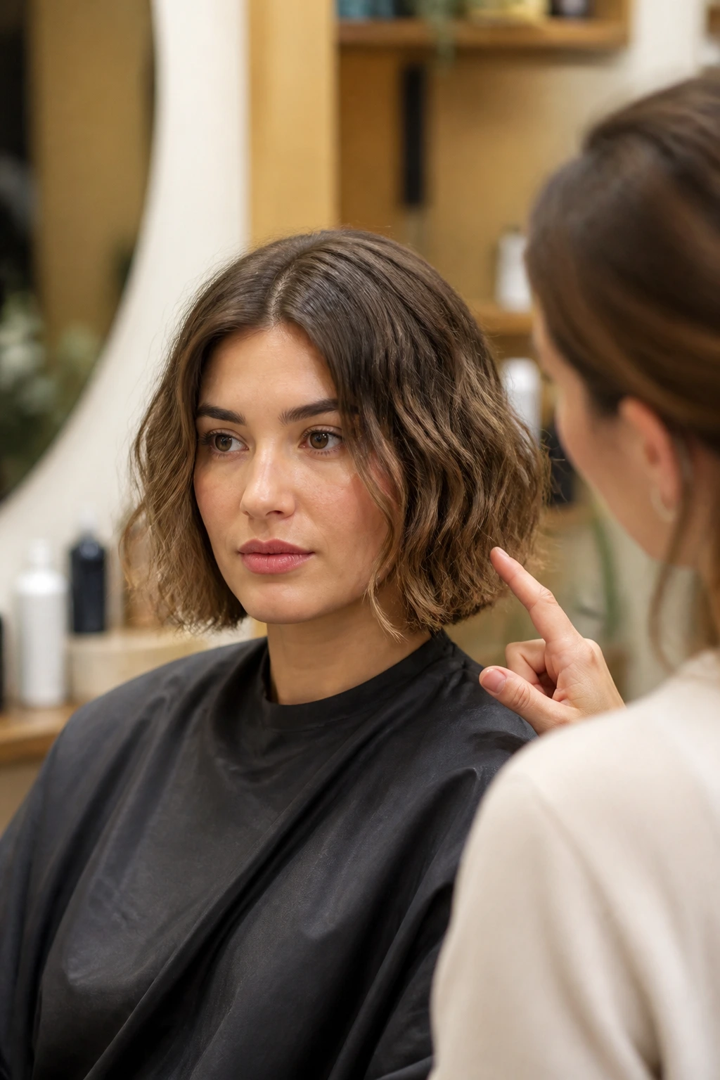 Close-up salon consultation for a chin-length wavy bob with a real person