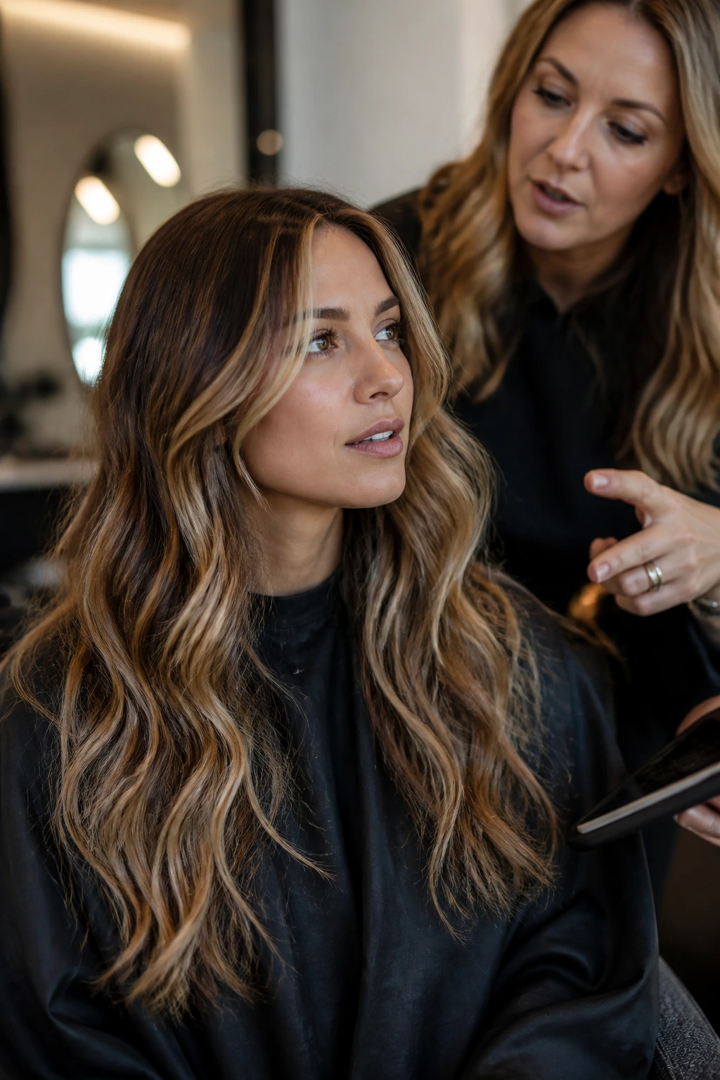 Close-up portrait of a client in a salon chair discussing haircut with stylist in background