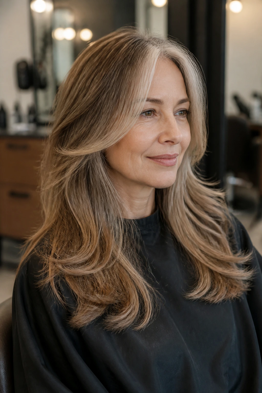 Portrait of a client in salon chair with a layered hairstyle.