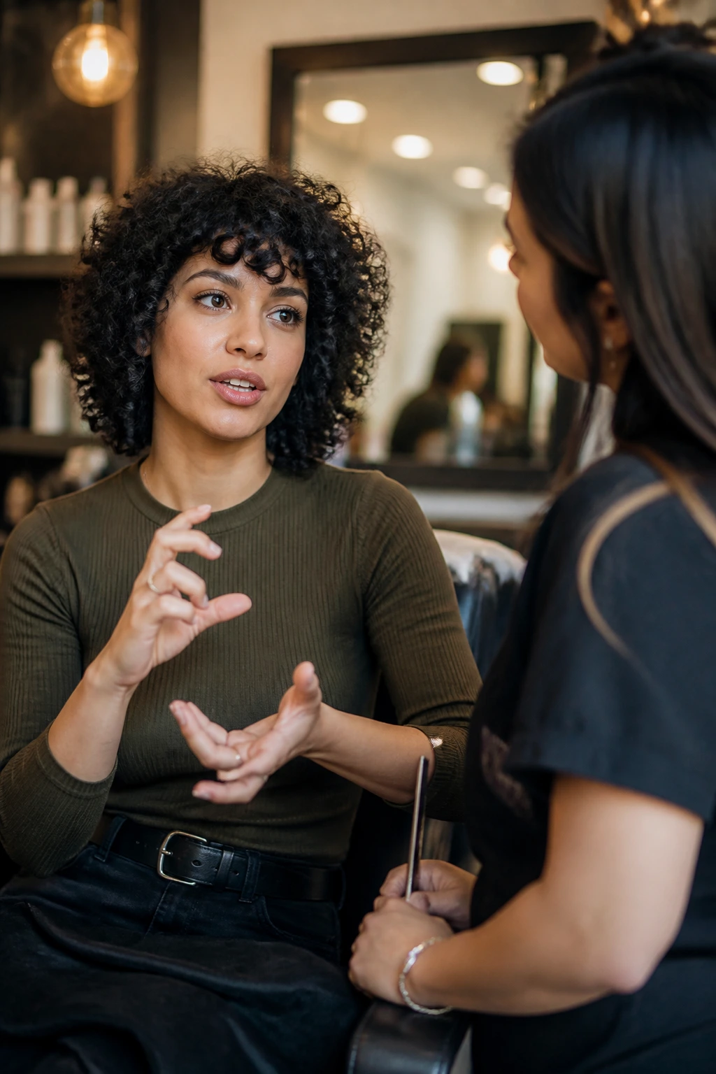 Close-up of client discussing curl pattern with stylist in a salon