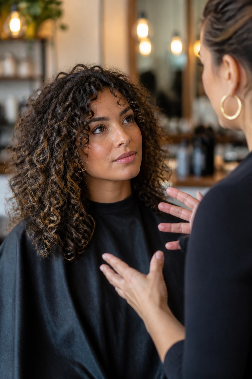 Client in salon discussing cut and products with stylist