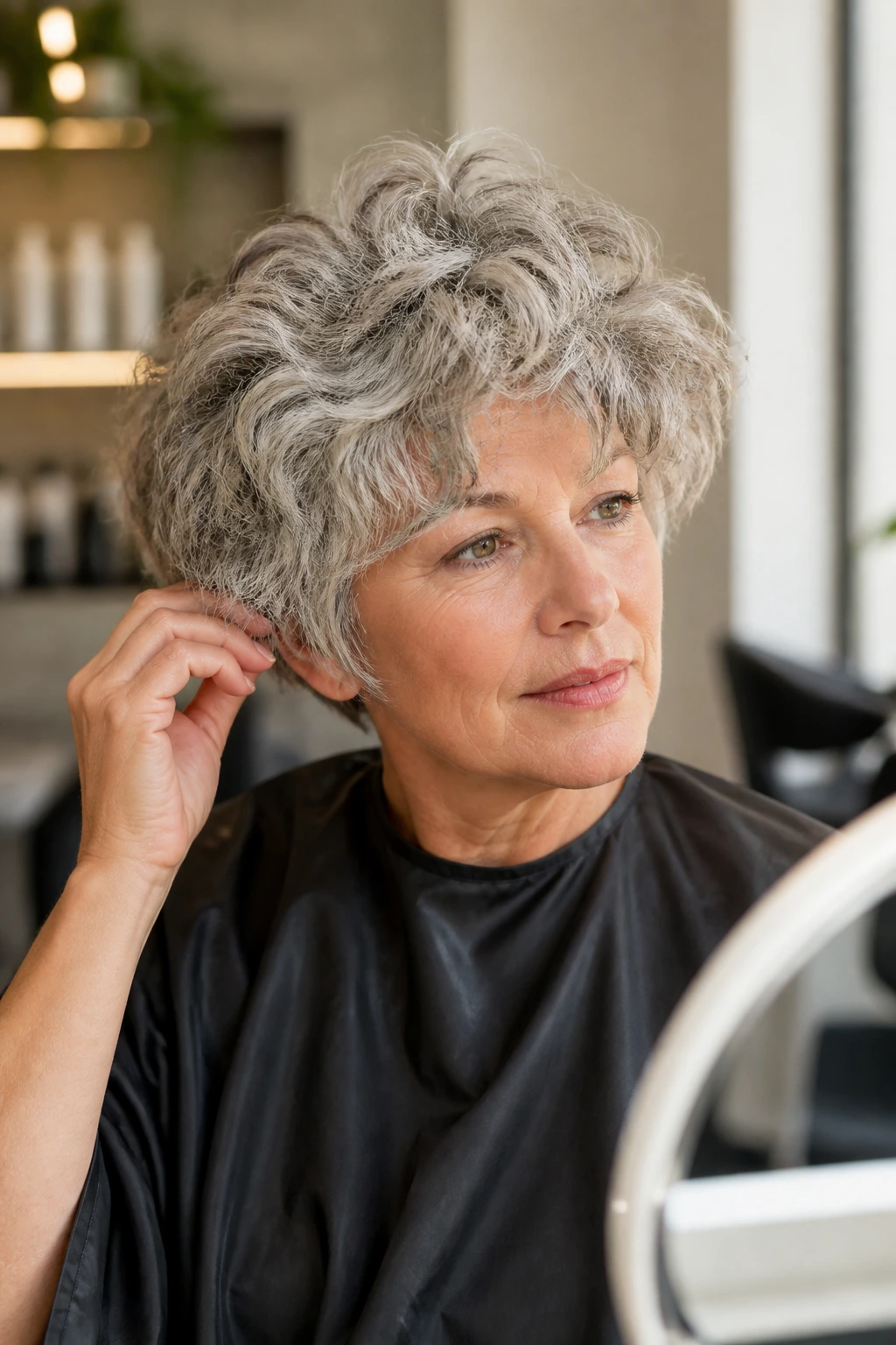 Close-up of a real woman in a salon chair contemplating the haircut shape