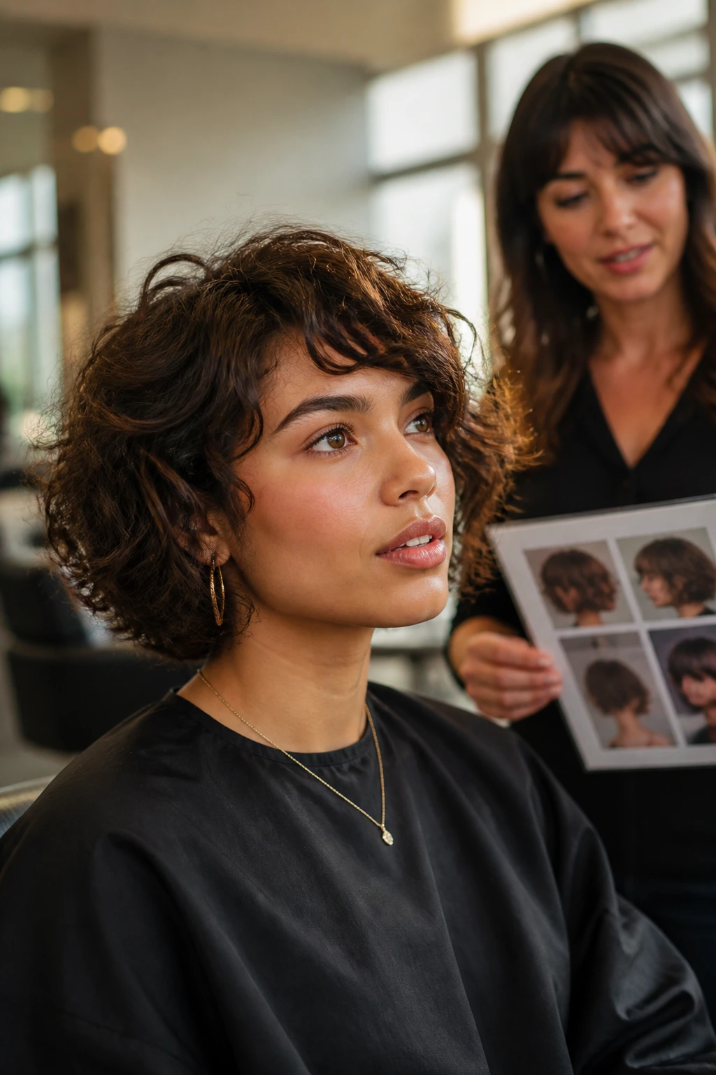 Close-up portrait of a real woman with curly bob discussing length and part with stylist