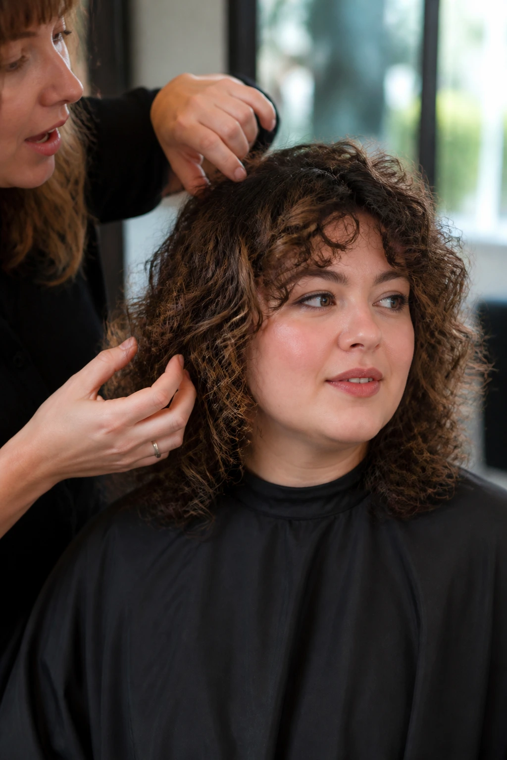 Client in a salon chair discussing textured layers for curly hair.