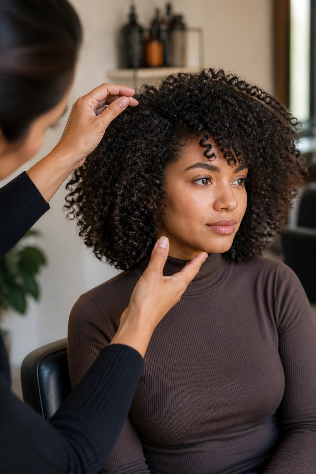 Real person in salon chair during a shape consultation with stylist
