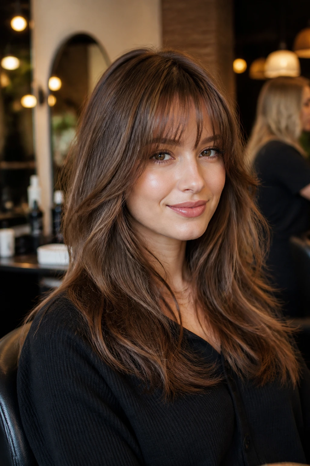 Portrait of a real person in a salon showing feathered bangs ready for consultation.