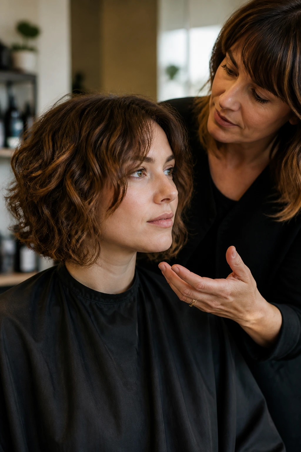 Client in a salon chair consulting with a stylist about a first snip