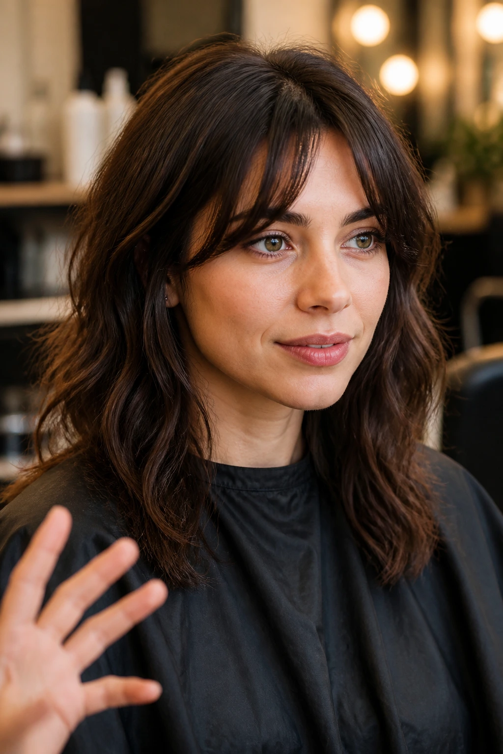 Portrait of a client in a salon chair during a fringe consultation with stylist off-frame