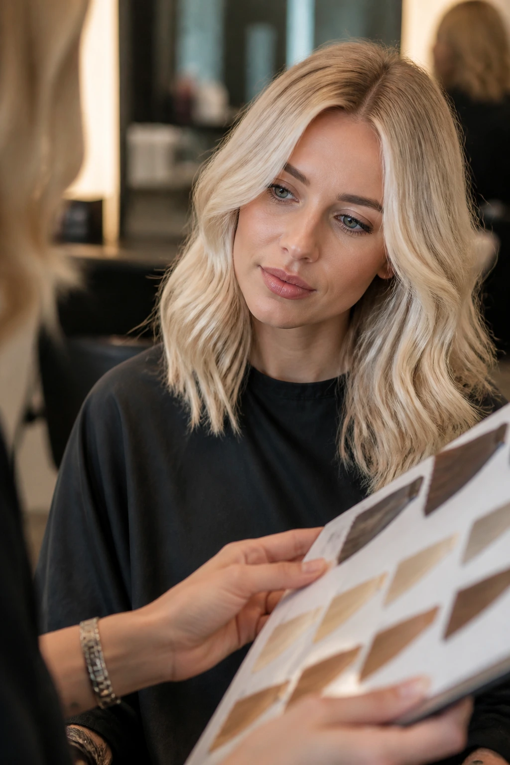 Real client in a salon consultation about golden platinum blonde.