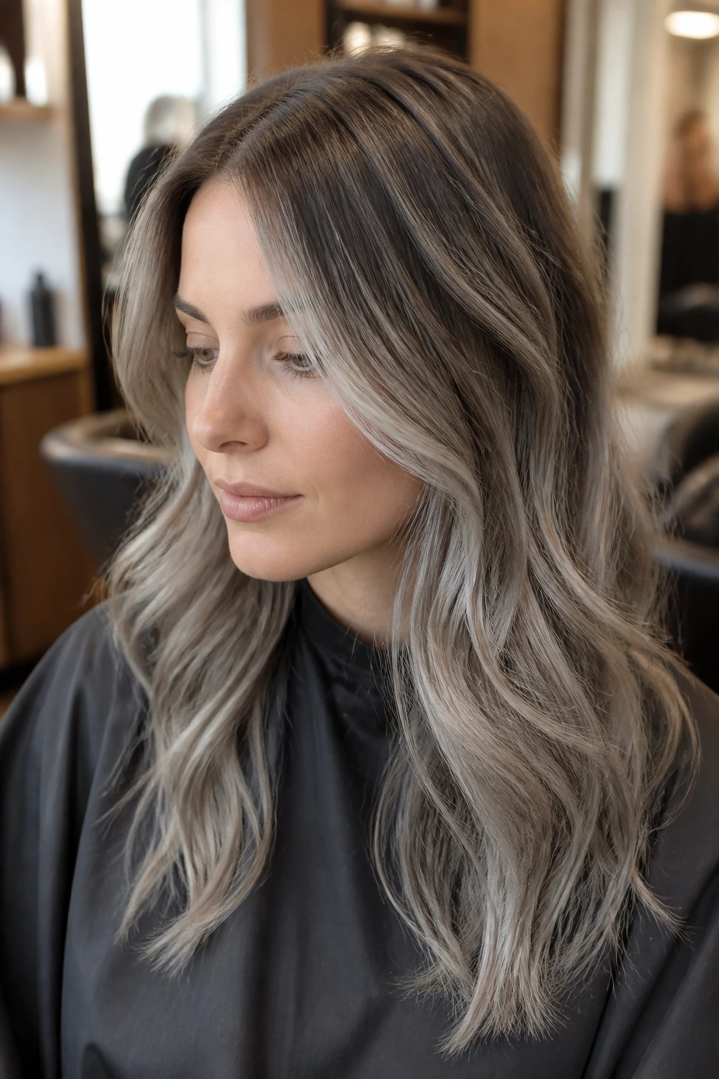 Portrait of a real woman in a salon chair showing grey-darker transition hair during a consultation