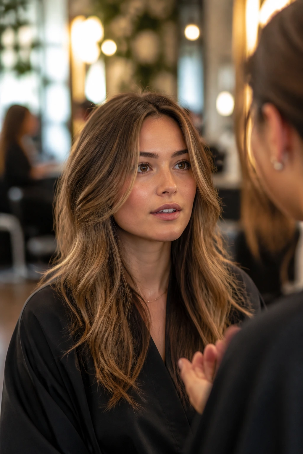 Portrait of a real woman in a salon asking about face-framing layers, hair showing front layers