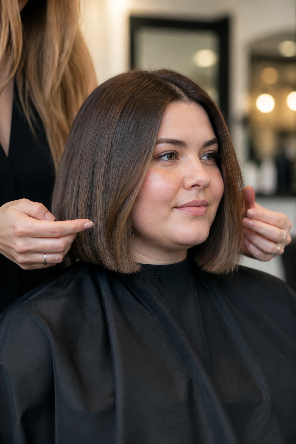 Real woman in a salon chair discussing length and edge with stylist