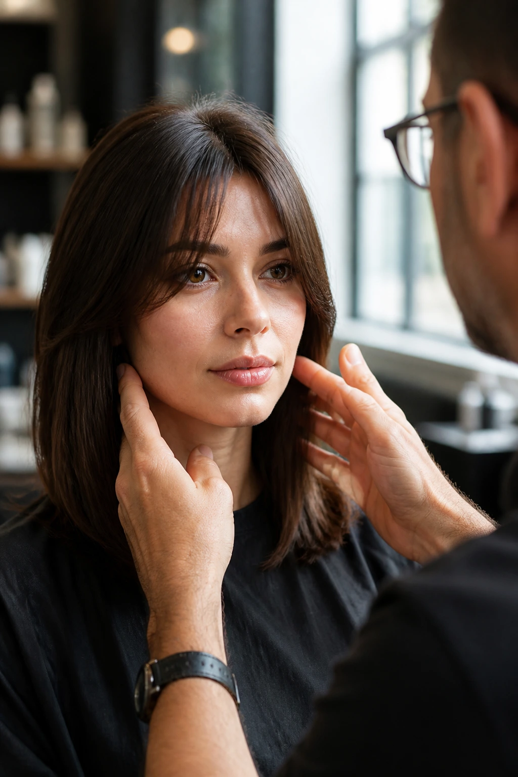 In-salon consultation about ideal cut for a heart-shaped face