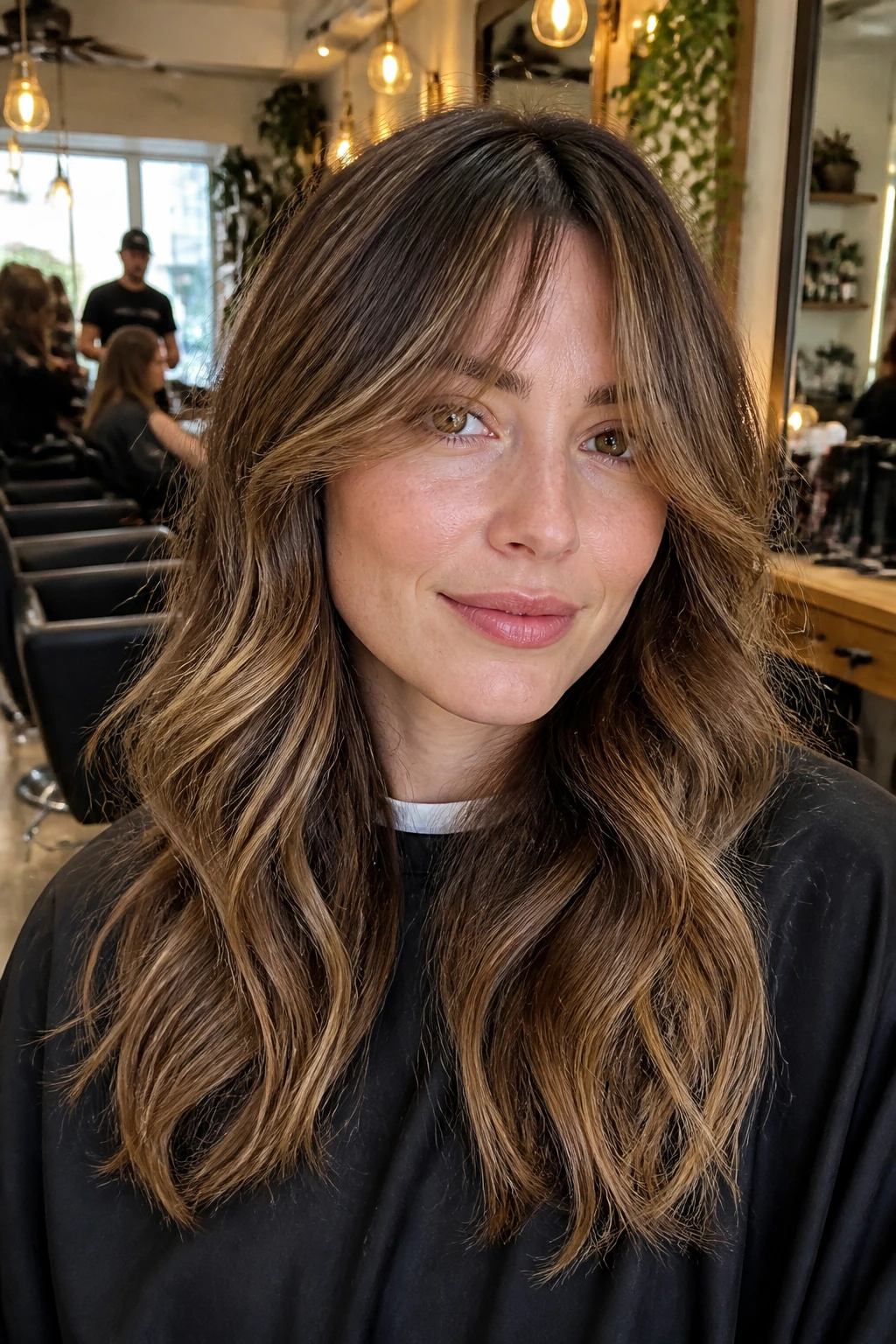 Portrait of hair with curtain bangs and caramel highlights in a salon
