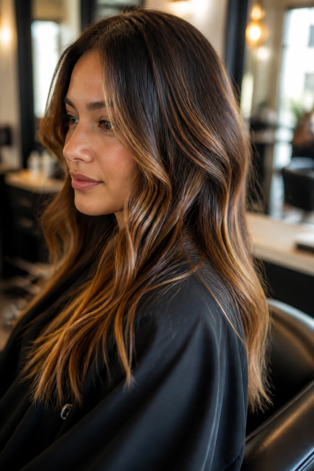 Portrait of a woman in a salon chair with caramel balayage highlights