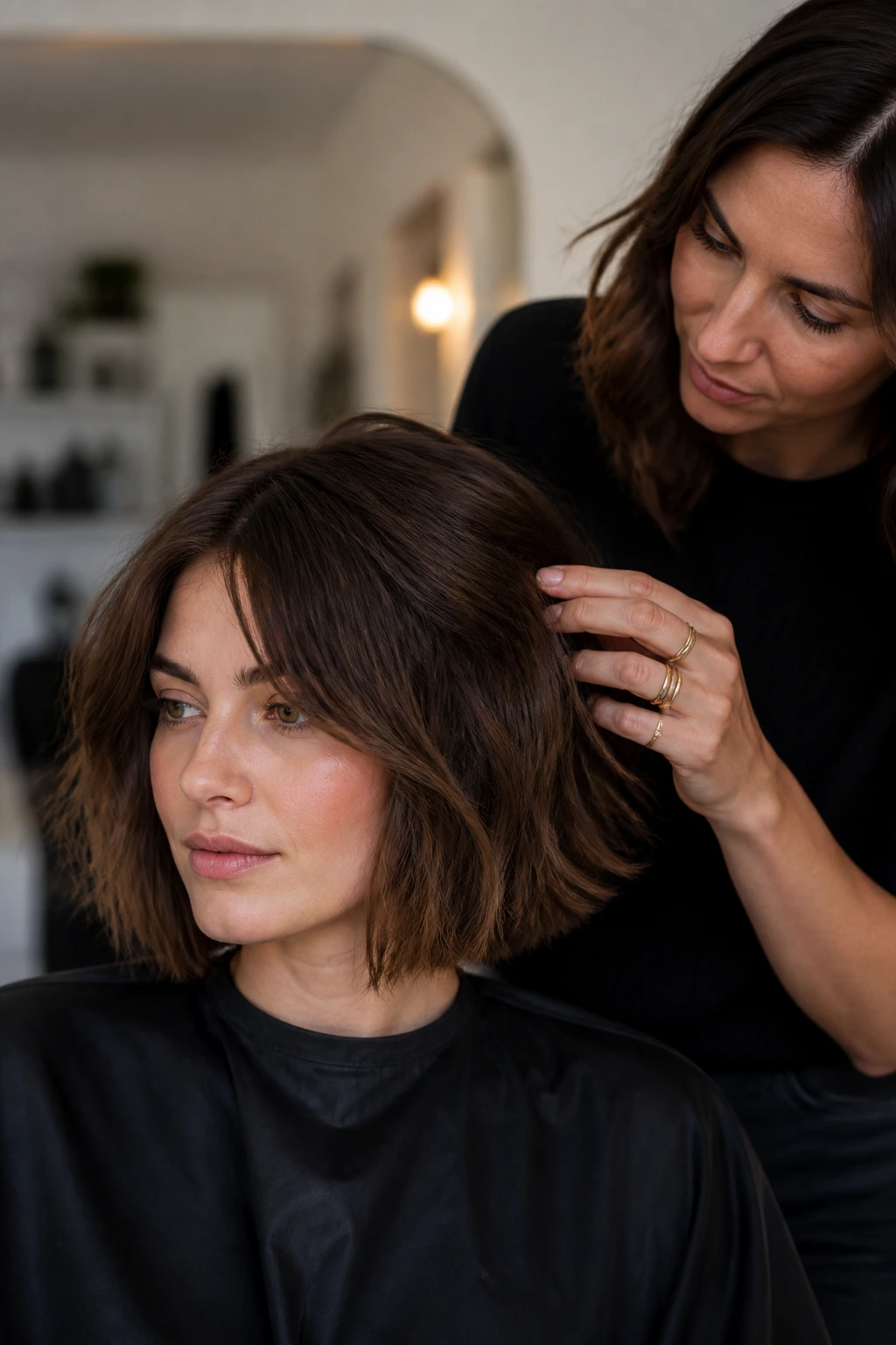 Real client in salon chair during consultation with stylist