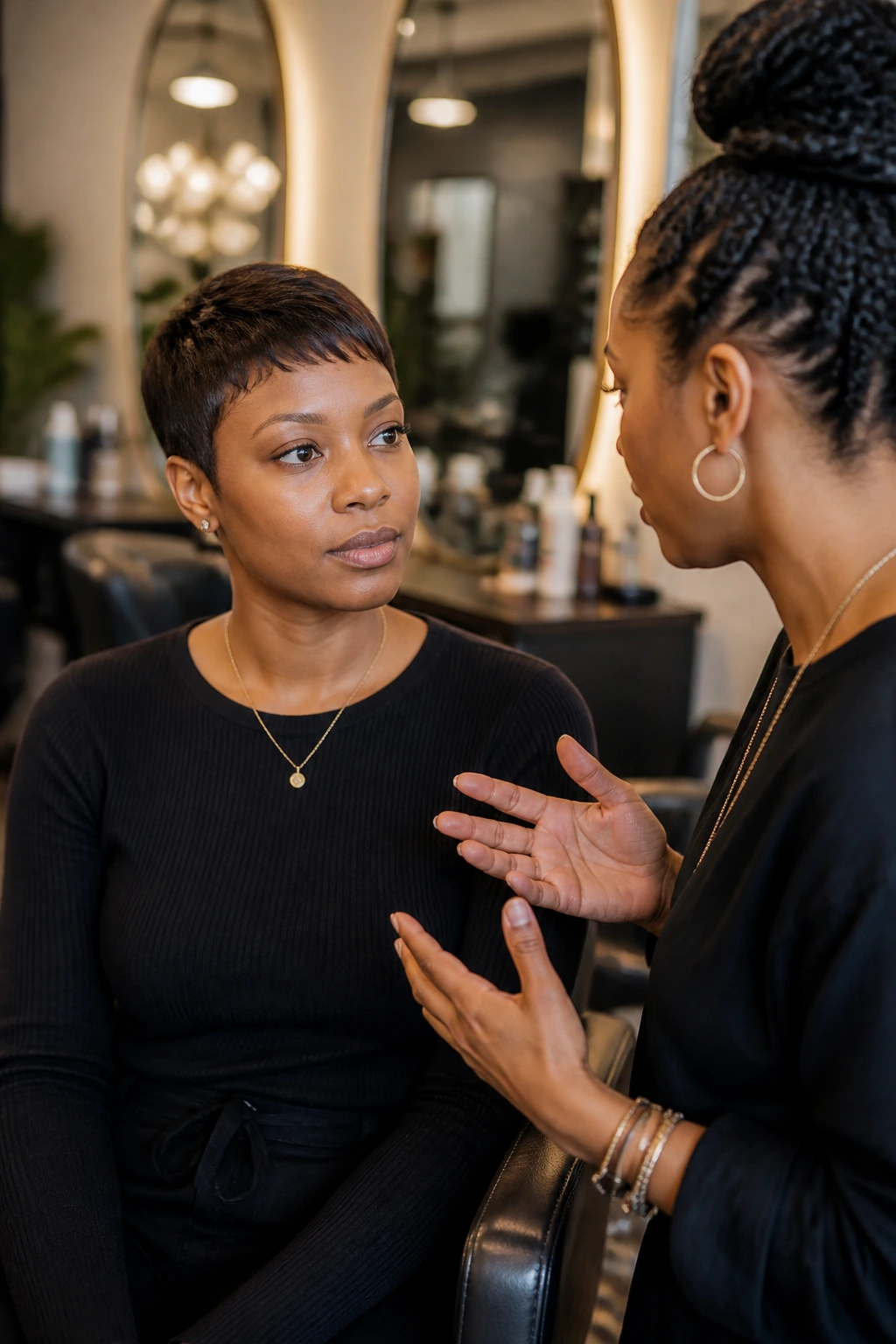 Real salon consultation showing client and stylist discussing hair shape and longest-point placement