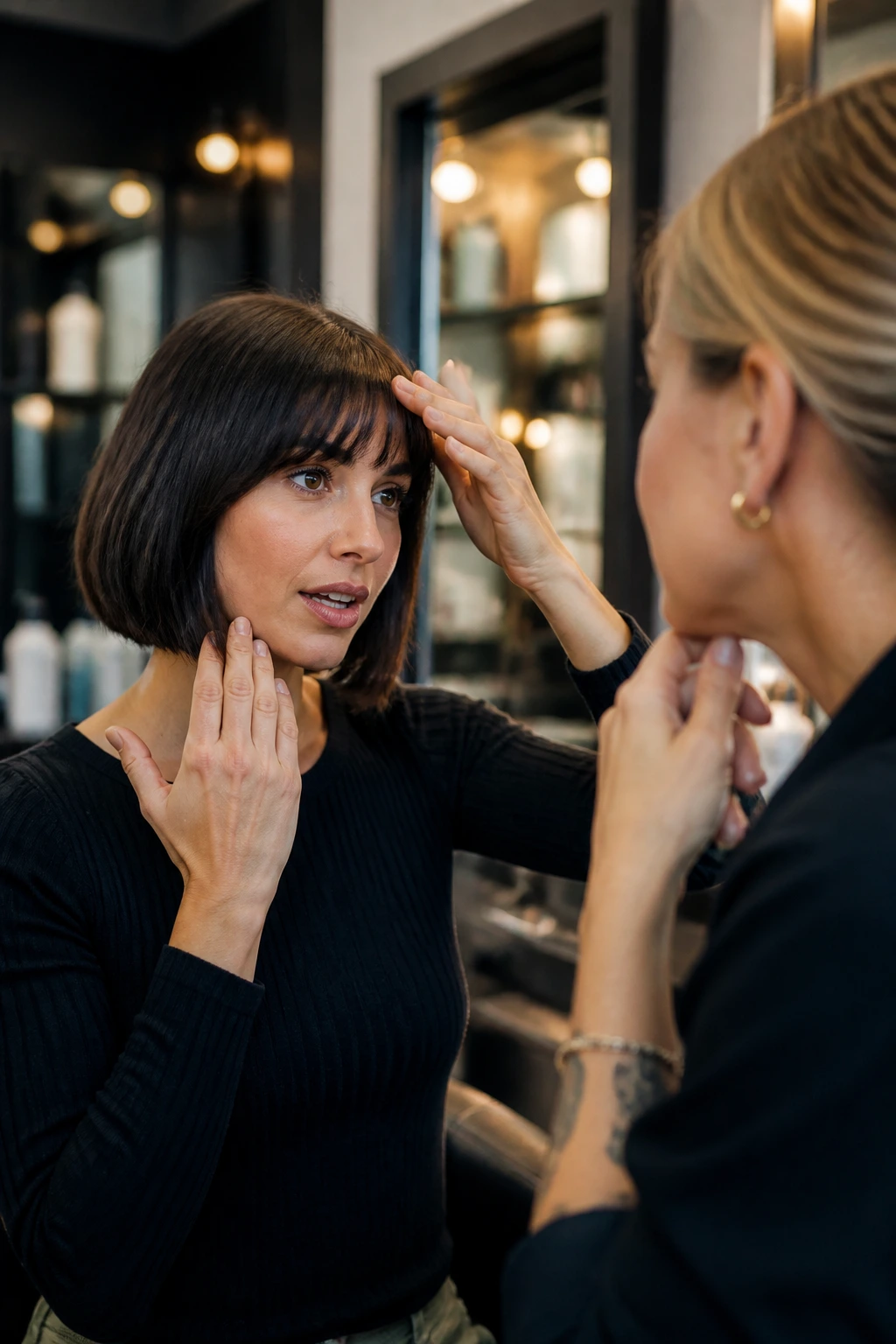 Candid salon scene of a client discussing a haircut with a stylist