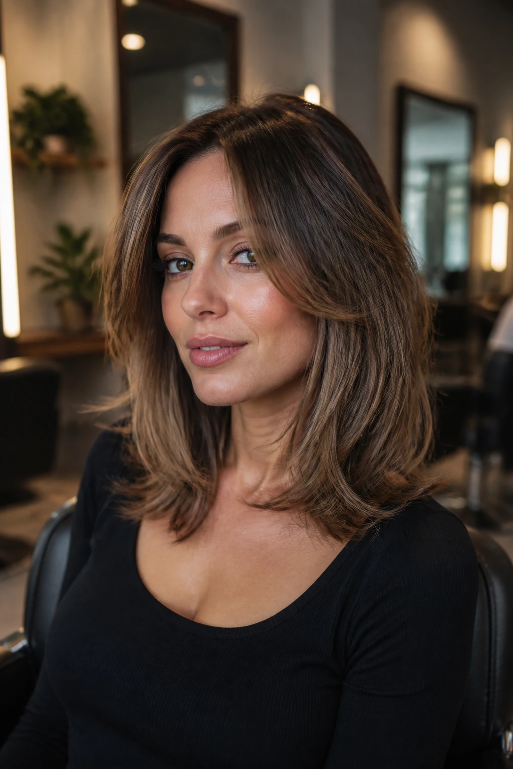 Portrait of client in salon chair preparing for a haircut consultation