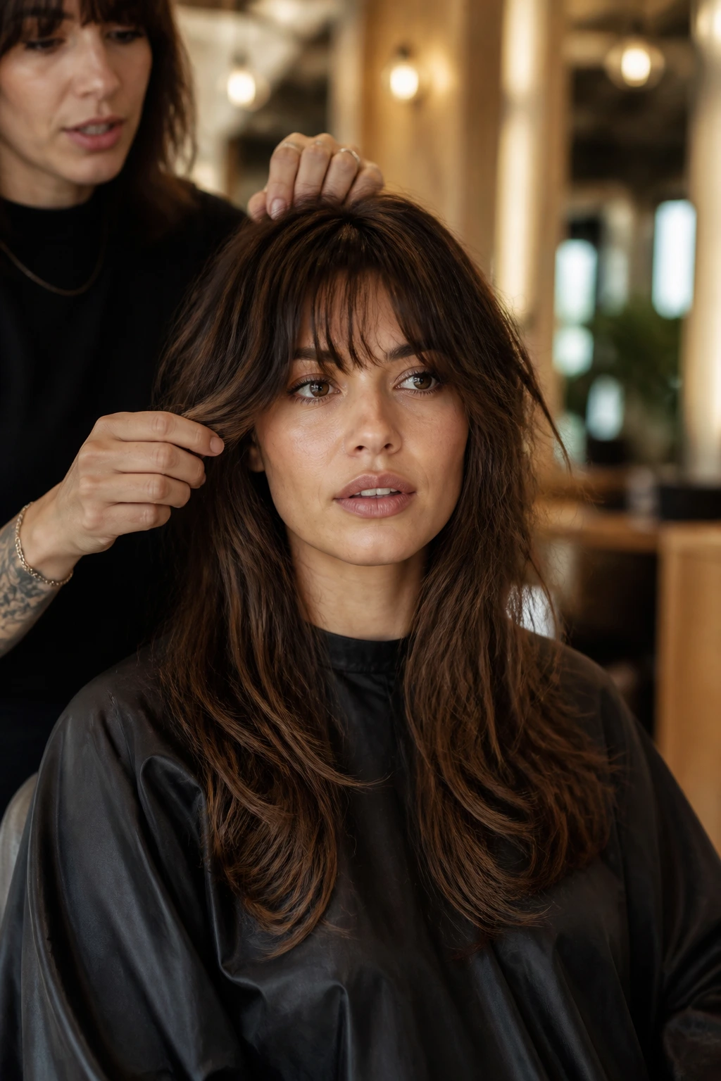 Portrait of a client in a salon discussing haircut length and fringe with a stylist