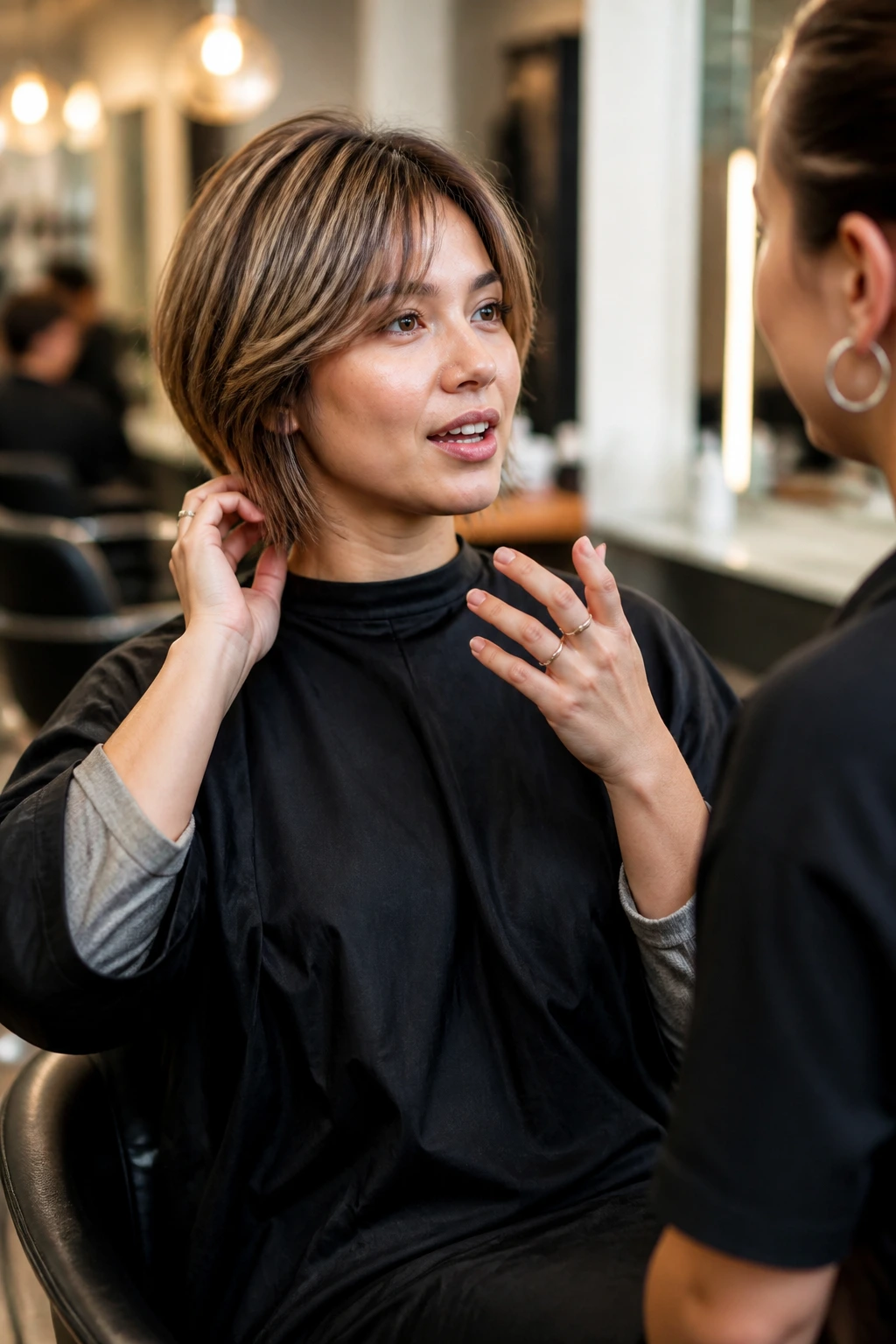 Real person in a salon chair discussing haircut details with a stylist