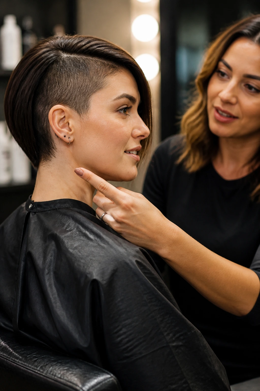 Real client in salon discussing shave location with stylist