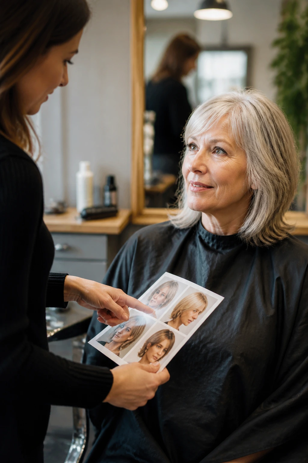 Woman in a salon chair discussing haircut with stylist