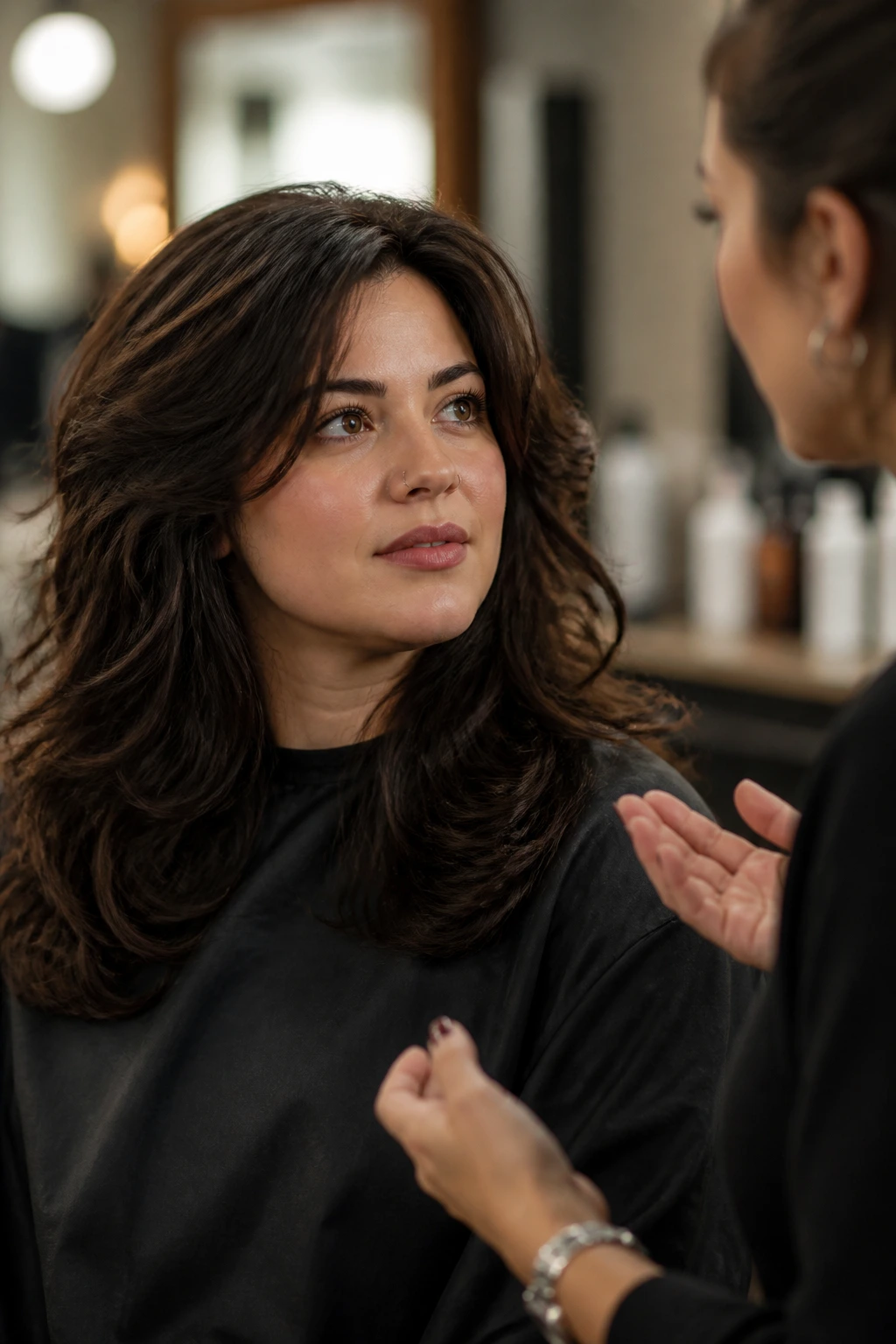 Person in a salon chair discussing haircut and products with a stylist