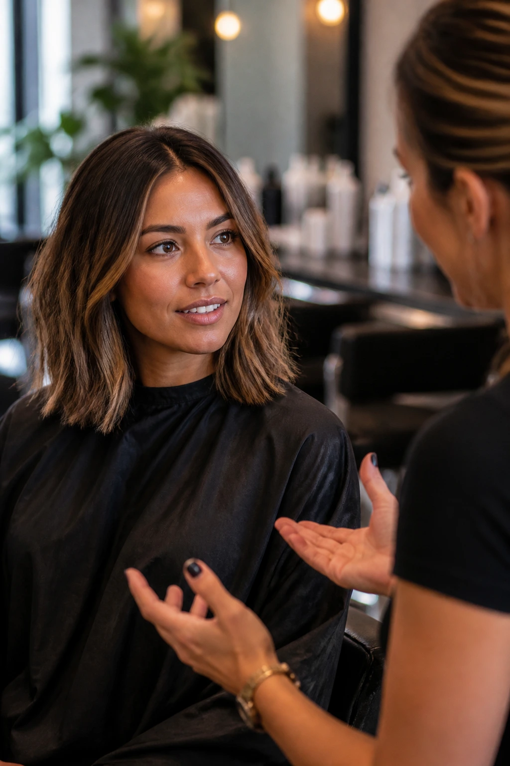Close-up of a client in a salon chair discussing a lob haircut